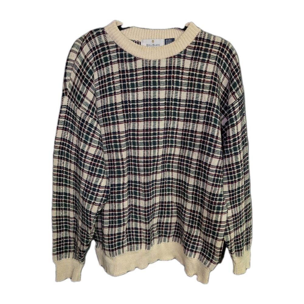 Vtg Bill Blass Sweater Men's Size L Tartan Plaid Knit Crew Neck Pullover Holiday